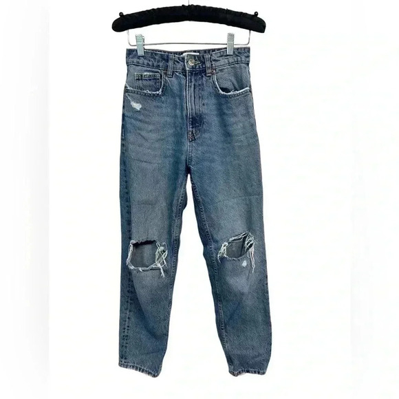 Zara High Waisted Factory Destroyed Denim Jeans Size 2 - Picture 3 of 9